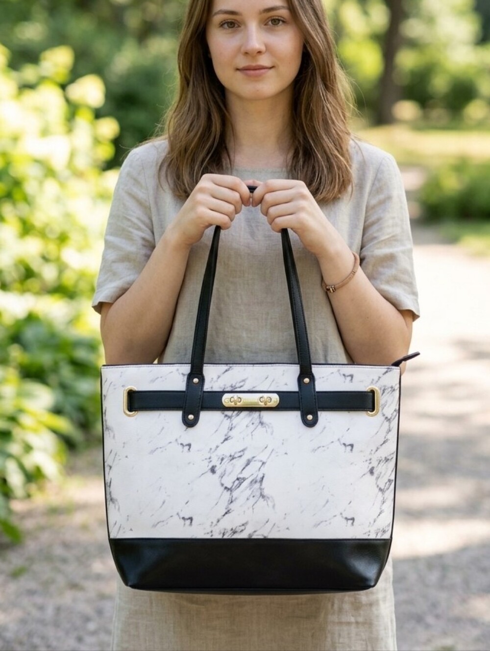 Marble-Print Tote with Black Trim and Gold Hardware